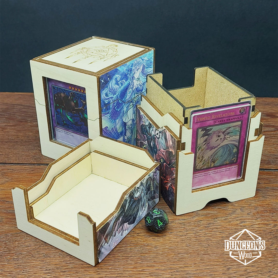 CUSTOMIZABLE WOODEN YU-GI-OH DECK HOLDER WITH PRINTING AND ENGRAVING WITH VISIBLE PAPER.