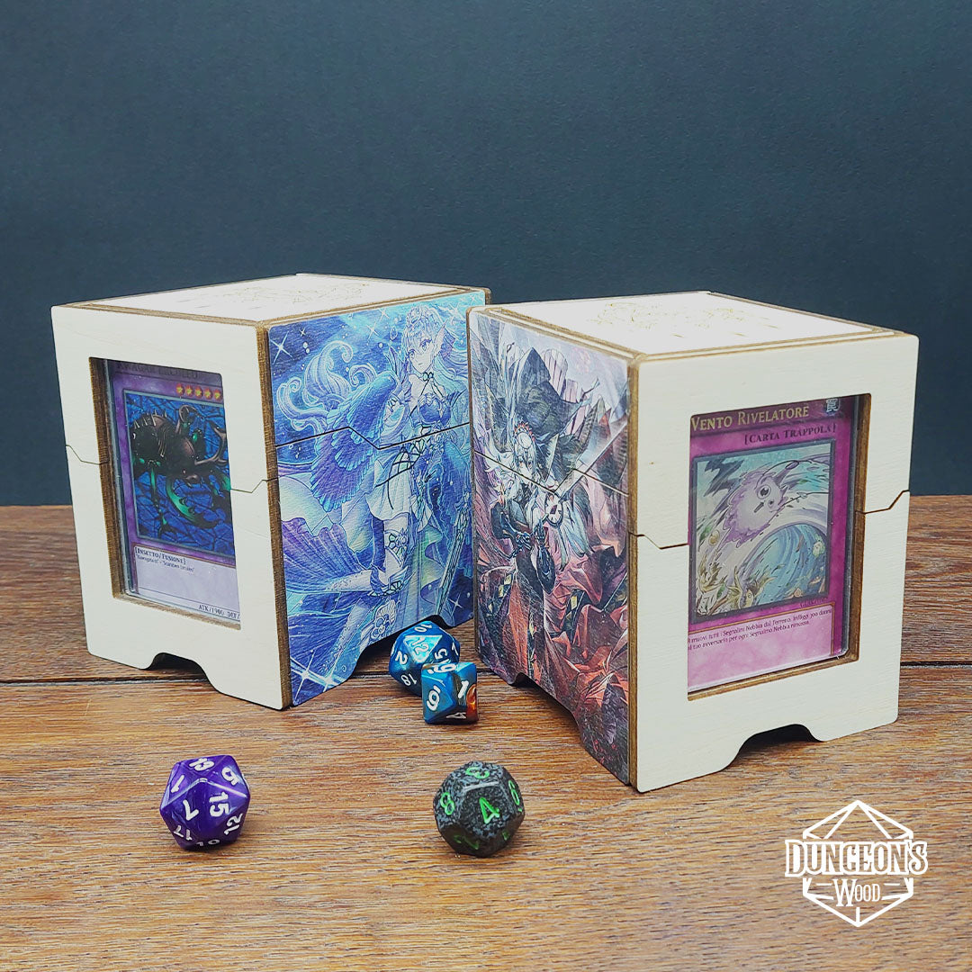 CUSTOMIZABLE WOODEN YU-GI-OH DECK HOLDER WITH PRINTING AND ENGRAVING WITH VISIBLE PAPER.